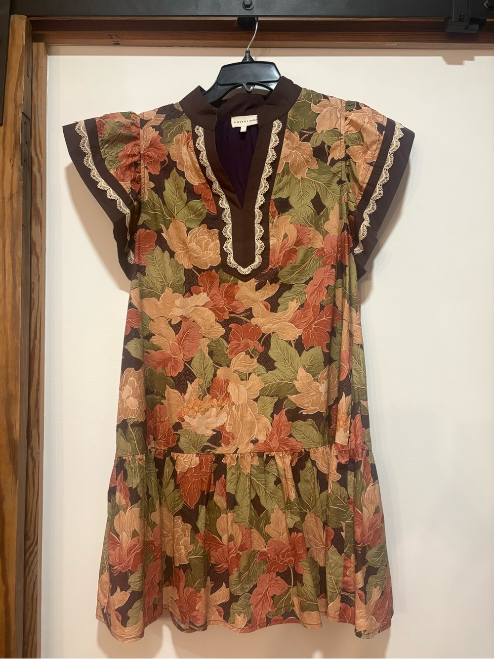 entro Fall Leaves Tiered Dress in Brown, Olive, Rust, Cream